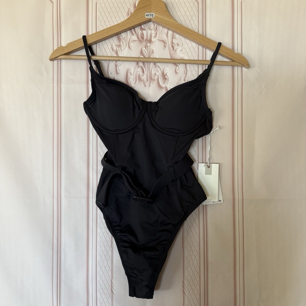 Good American Show Off One-Piece Swimsuit Belted Stretch Black Sz 0 XS NWT $105